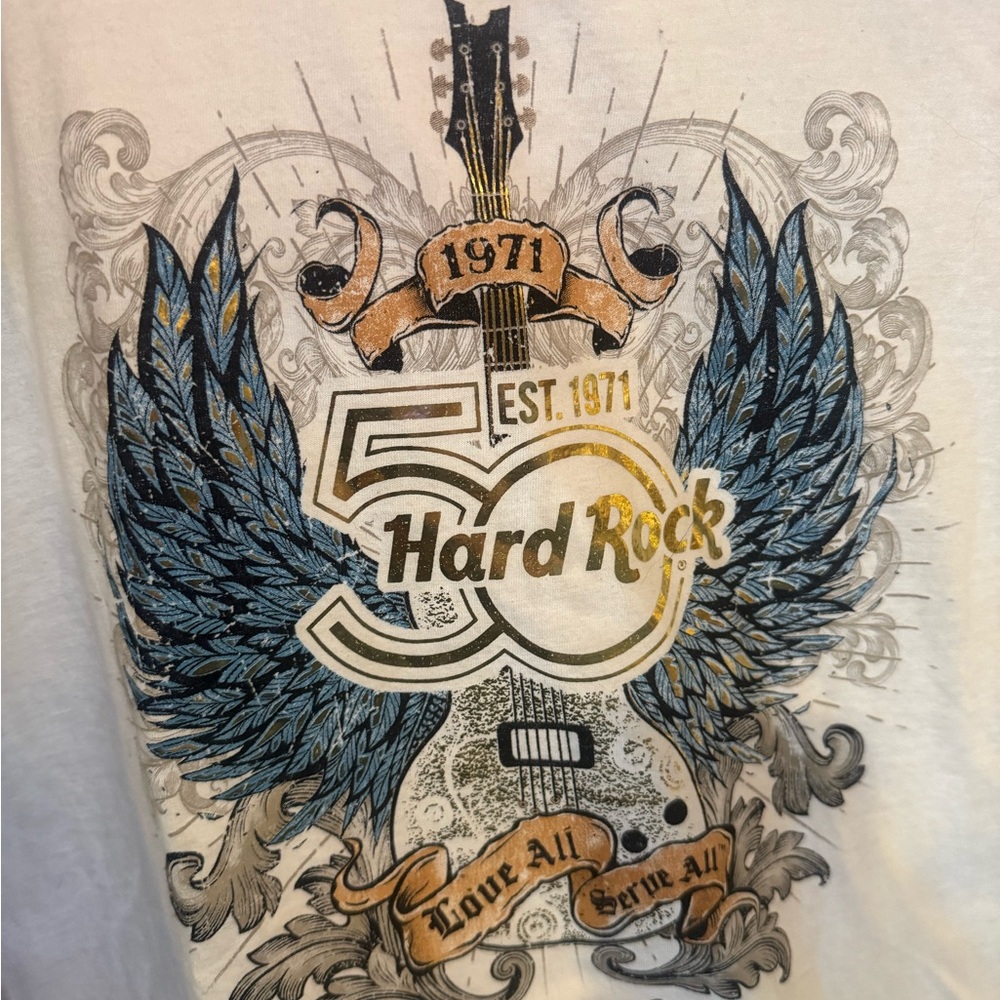 NWT Hollywood, FL Hard Rock Cafe White Tee with Blue and Gold Graphic size XXL
